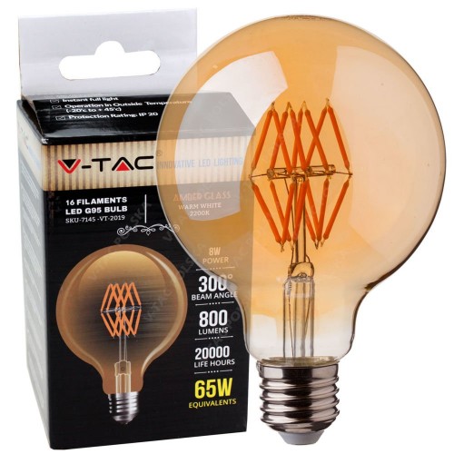 LED Крушка 8W Filament E27 G95 Amber 2200K